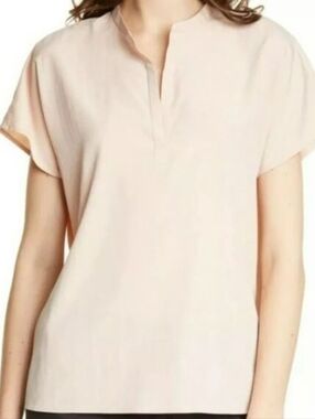 Eileen Fisher Mandarin Collar Short Sleeve Lagenlook Top Dune Size Large
